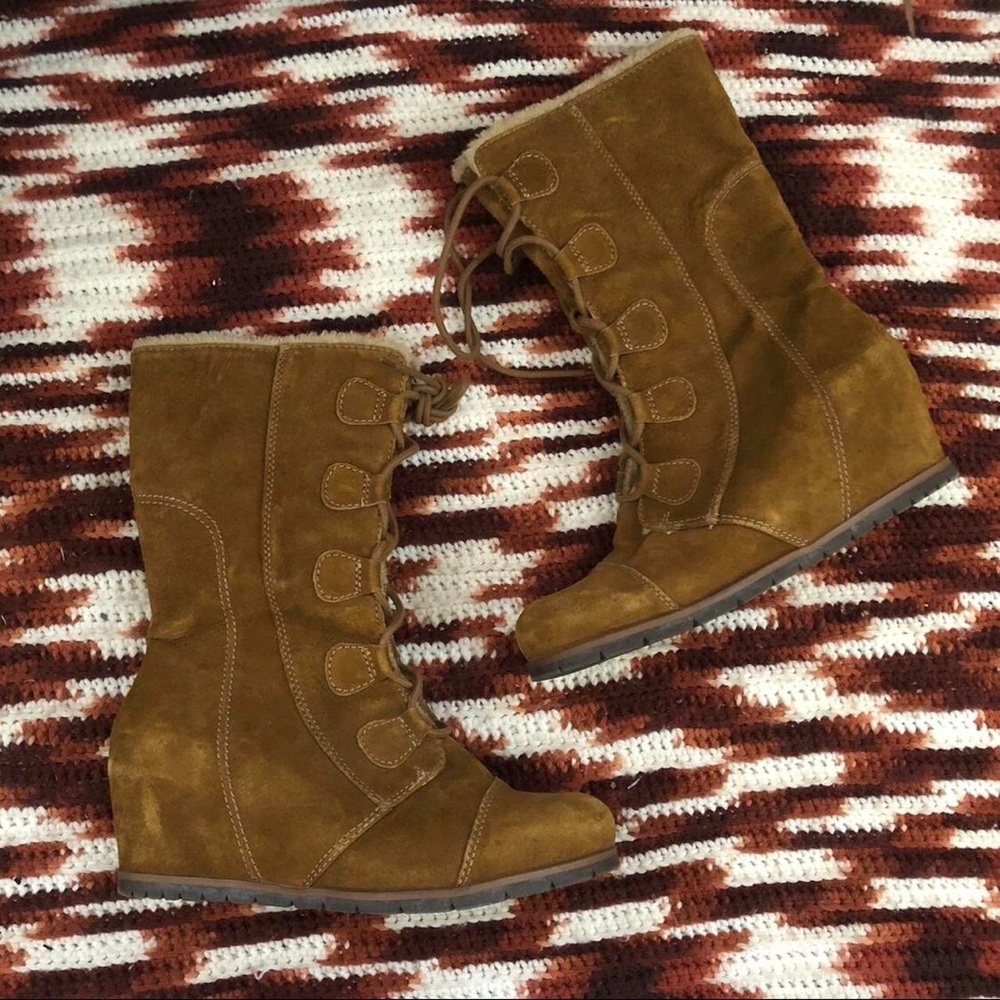 Y2K Baddie Mcbling Bratz Brown Real Leather Suede Lace up Mid Calf Boots Wedge